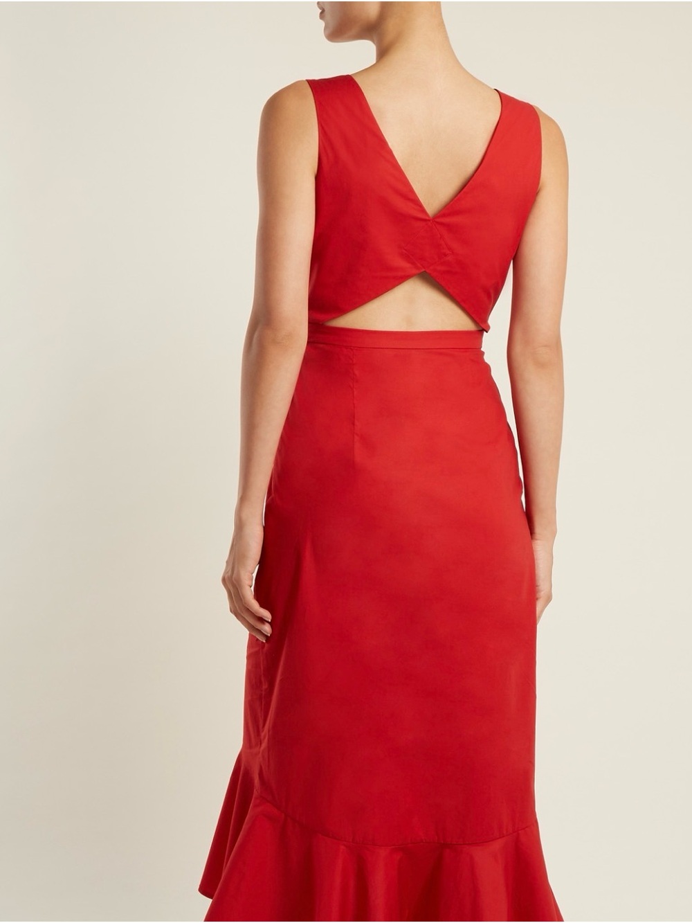 SALONI Zoey Cut Out Cotton Poplin Midi Dress Fluted Hem Red Button Down V Neck 4 - Picture 2 of 12